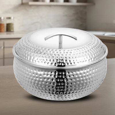 Curve Premium Double Wall Insulated Stainless Steel Casserole, Hot Pot for Roti-Rice-Gravy-Curry, Hammered Finish, Silver Hot Box with Snug Fit Lid Lid, Retains Temperature, Twist Lock