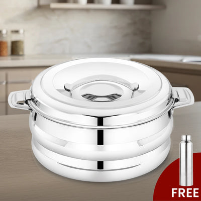 Orchid Stainless Steel Insulated Casserole – Snug-Fit Lock, Rust-Free & Stylish Hot Pot, Hot Pot for Roti-Rice-Gravy-Curry, Retains Temperature, Twist Lock, Free ₹300 SS Water Bottle
