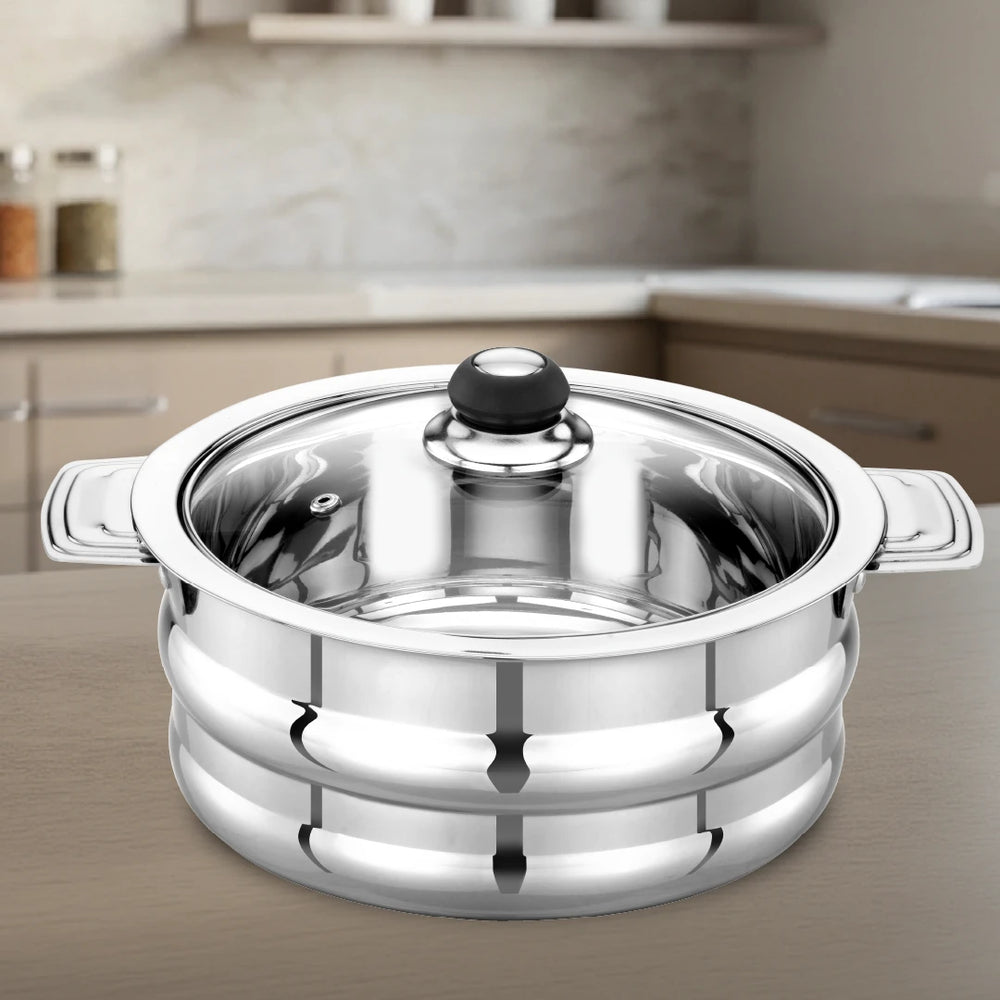 Orchid Stainless Steel Insulated Casserole with See-Through Glass Lid – Snug-Fit Lock, Rust-Free & Stylish Hot Pot, Hot Pot for Roti-Rice-Gravy-Curry, Retains Temperature, Twist Lock