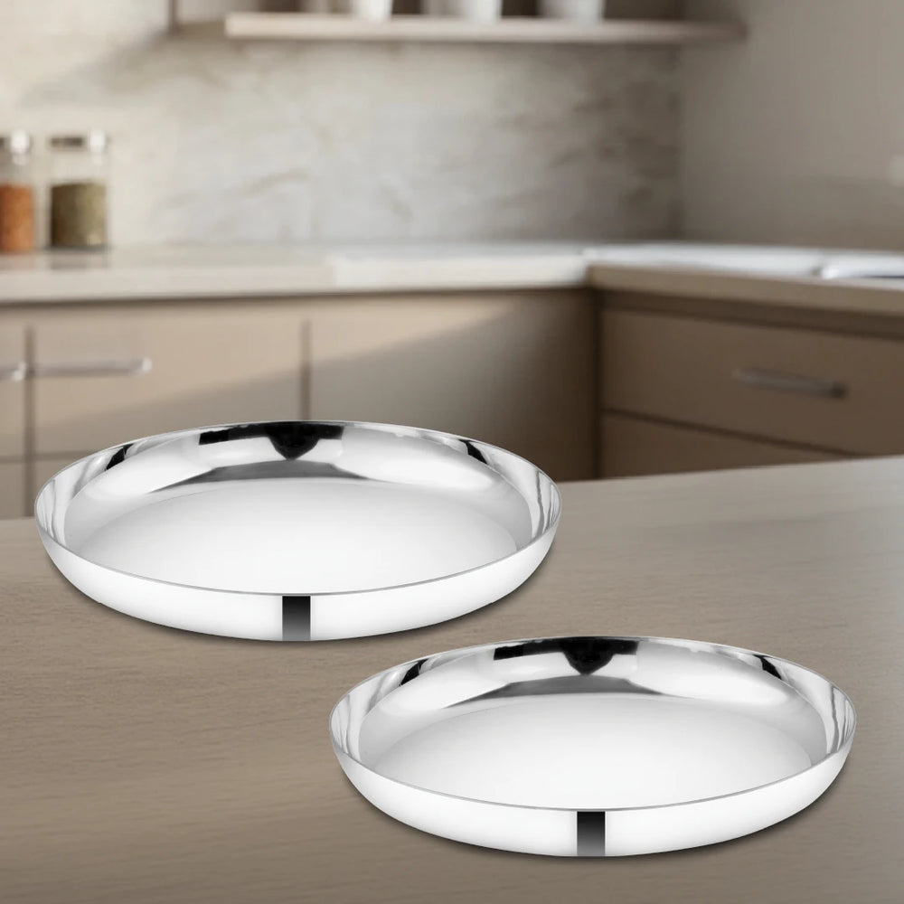 Stainless Steel China Plate - 2 Pcs Set, High Quality, Mirror Finish, Durable & Rust-Free, Ideal for Daily & Festive Use, 16.5cm, 19.2cm, 21.5cm, 24cm, 26.3cm, 28.5cm, 31cm
