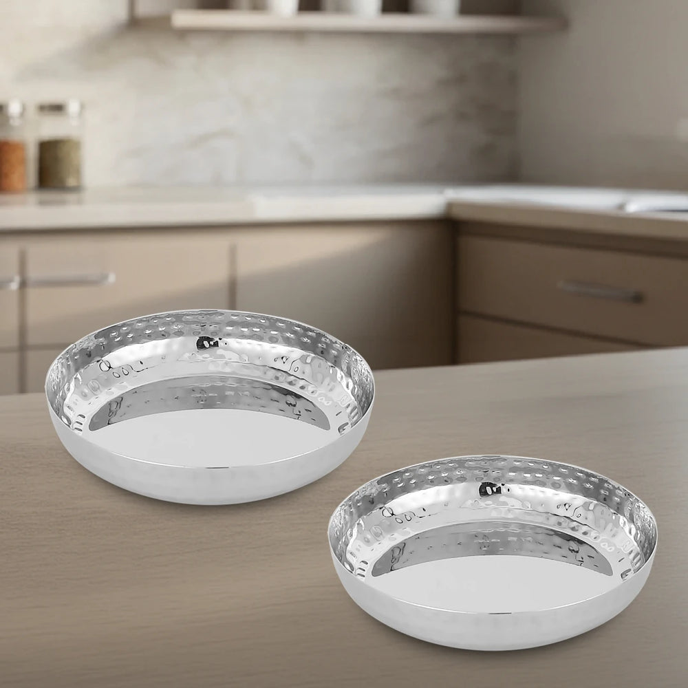 Stainless Steel Halwa Plate – 2 Pcs Set, High Quality, Hammered Finish, Rust-Free & Dishwasher Safe, Perfect for Serving Indian Desserts