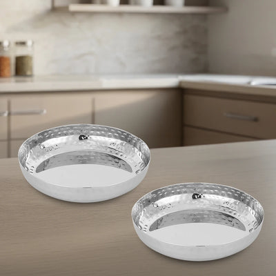 Stainless Steel Halwa Plate – 2 Pcs Set, High Quality, Hammered Finish, Rust-Free & Dishwasher Safe, Perfect for Serving Indian Desserts