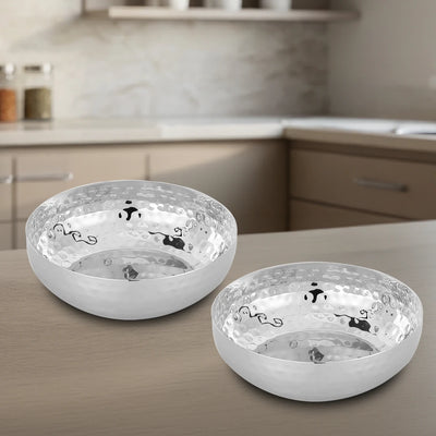 Stainless Steel Deep Bowl – 2 Pcs Set, High Quality, Hammered Finish, Handcrafted Look, Rust-Free & Dishwasher Safe