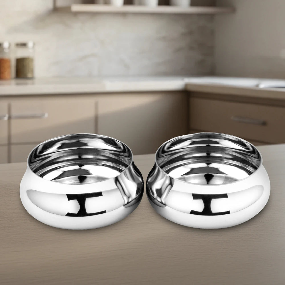 Stainless Steel Bulging Katori – 2 Pcs Set, High Quality, Mirror Finish, Rust-Free & Dishwasher Safe, Ideal for Curries, Sweets & Side Servings, 6 cm, 7 cm, 8 cm, 12 cm