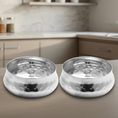 Stainless Steel Bulging Katori - 2 Pcs Set, High Quality, Hammered Finish, Rust-Free & Dishwasher Safe, Ideal for Curries, Sweets & Side Servings, 6 cm, 7 cm, 8 cm, 12 cm