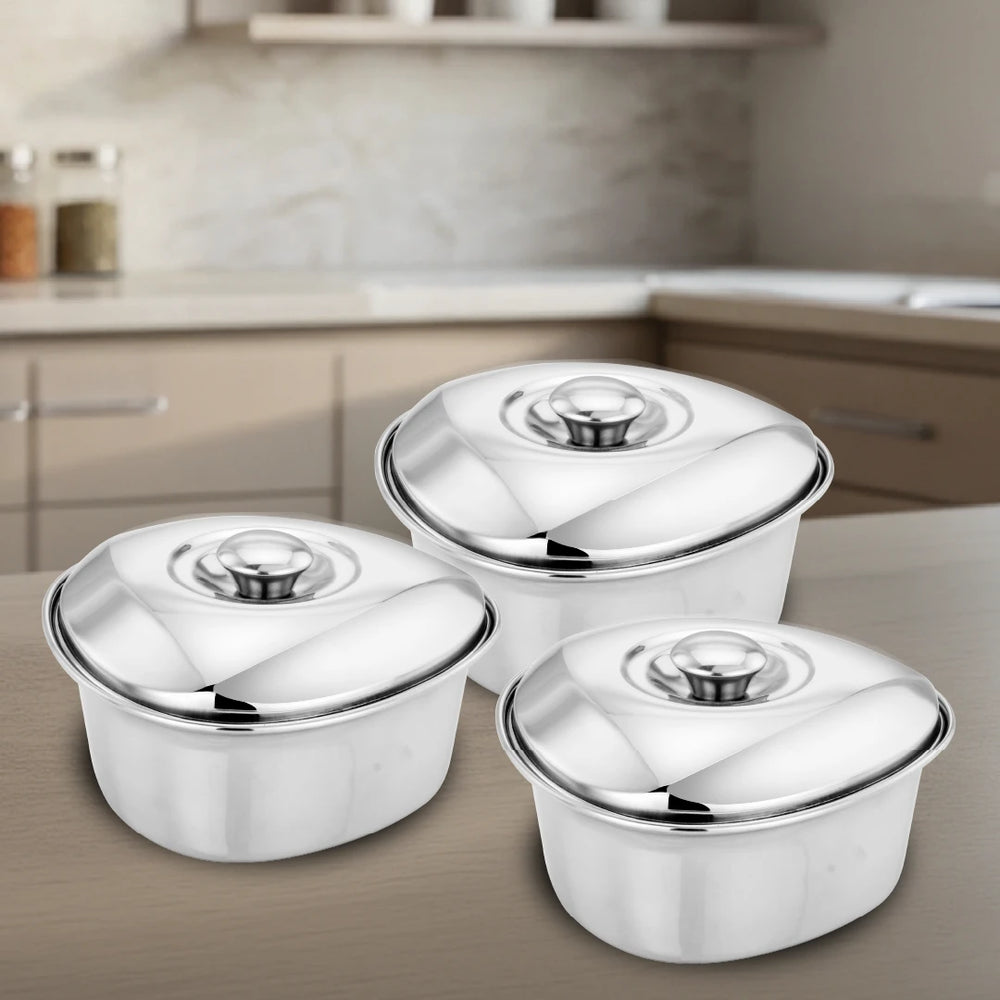Triangle Dining Dish Set: 3pc Stainless Steel Serving Bowls, Mirror Finish, Snug-Fit Lids, Rust-Free & Durable, Serve Gravy, Sabzi, Dal, Biryani, Rice, Sweets