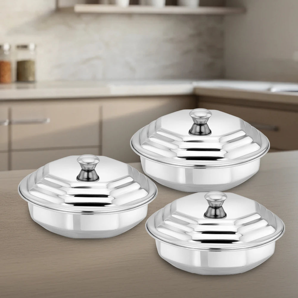 Round Octagon Dining Dish Set: 3pc Stainless Steel Serving Bowls, Mirror Finish, Snug-Fit Lids, Rust-Free & Durable, Serve Gravy, Sabzi, Dal, Biryani, Rice, Sweets