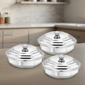 Round Octagon Dining Dish Set: 3pc Stainless Steel Serving Bowls, Mirror Finish, Snug-Fit Lids, Rust-Free & Durable, Serve Gravy, Sabzi, Dal, Biryani, Rice, Sweets