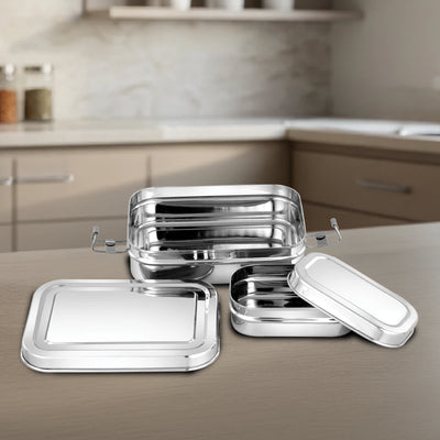 Stainless Steel Lexa Lunch Box: Rectangular Design with Large Inner Container, Durable, Leak-Resistant, Ideal for Office & School Meals