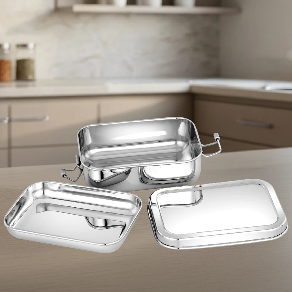 Stainless Steel Linea Lunch Box: Rectangular Box with Divider Plate, Compact, Durable & Ideal for Office or School Use