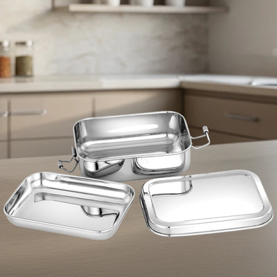 Stainless Steel Linea Lunch Box: Rectangular Box with Divider Plate, Compact, Durable & Ideal for Office or School Use