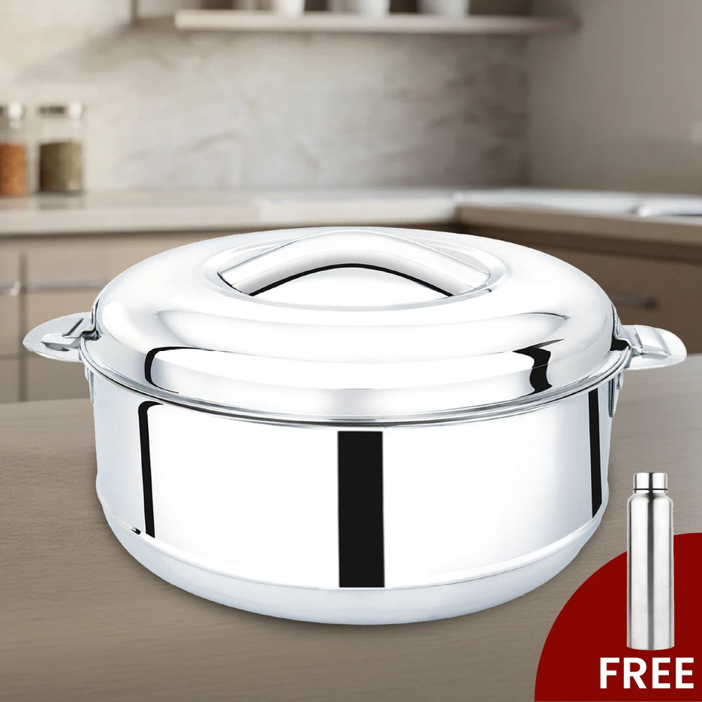 Iris Stainless Steel Casserole, Double-Wall Insulated Hot Box with Lock Lid, Food Warmer for Rice, Curries, Rotis, Free ₹300 SS Water Bottle