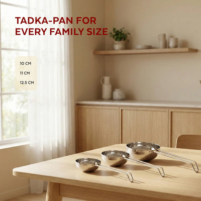 Stainless Steel Tadka Pan with Cool-Touch Handle: 10CM, 11CM, 12.5CM, Induction, Gas & Electric Compatible, For Spice Tempering/Seasoning, Long Wire Handle, Smooth Finished Surface