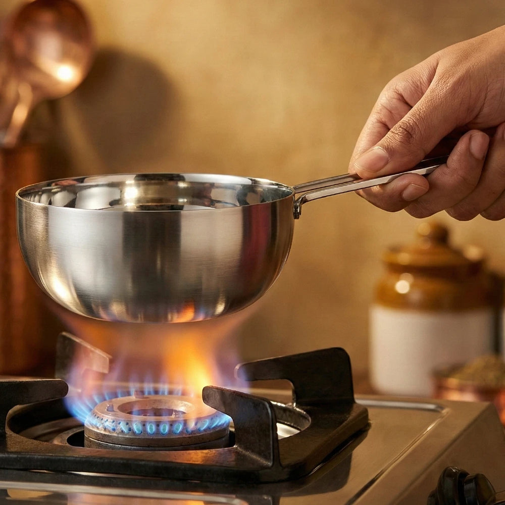 Stainless Steel Tadka Pan with Cool-Touch Handle: 10CM, 11CM, 12.5CM, Induction, Gas & Electric Compatible, For Spice Tempering/Seasoning, Long Wire Handle, Smooth Finished Surface