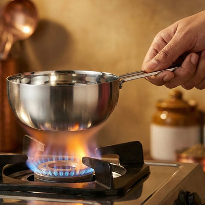 Stainless Steel Tadka Pan with Cool-Touch Handle: 10CM, 11CM, 12.5CM, Induction, Gas & Electric Compatible, For Spice Tempering/Seasoning, Long Wire Handle, Smooth Finished Surface