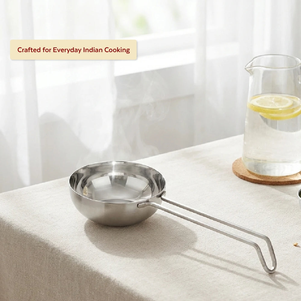 Stainless Steel Tadka Pan with Cool-Touch Handle: 10CM, 11CM, 12.5CM, Induction, Gas & Electric Compatible, For Spice Tempering/Seasoning, Long Wire Handle, Smooth Finished Surface