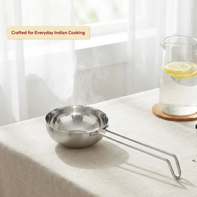 Stainless Steel Tadka Pan with Cool-Touch Handle: 10CM, 11CM, 12.5CM, Induction, Gas & Electric Compatible, For Spice Tempering/Seasoning, Long Wire Handle, Smooth Finished Surface