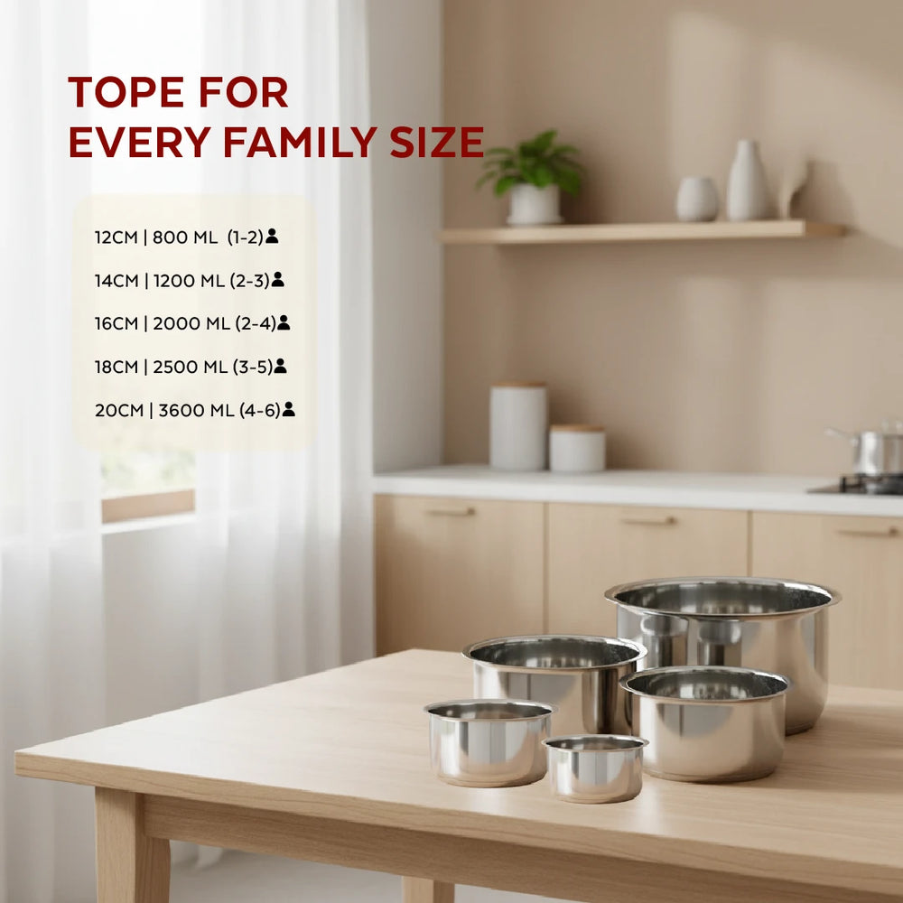 Avanti Stainless Steel Tope 5 Pc Set: Premium Quality, Multipurpose Cook & Serve Handi, Tri Ply Base, Non-stick, Gas & Induction Compatible, 12cm + 14cm + 16cm + 18cm + 20cm