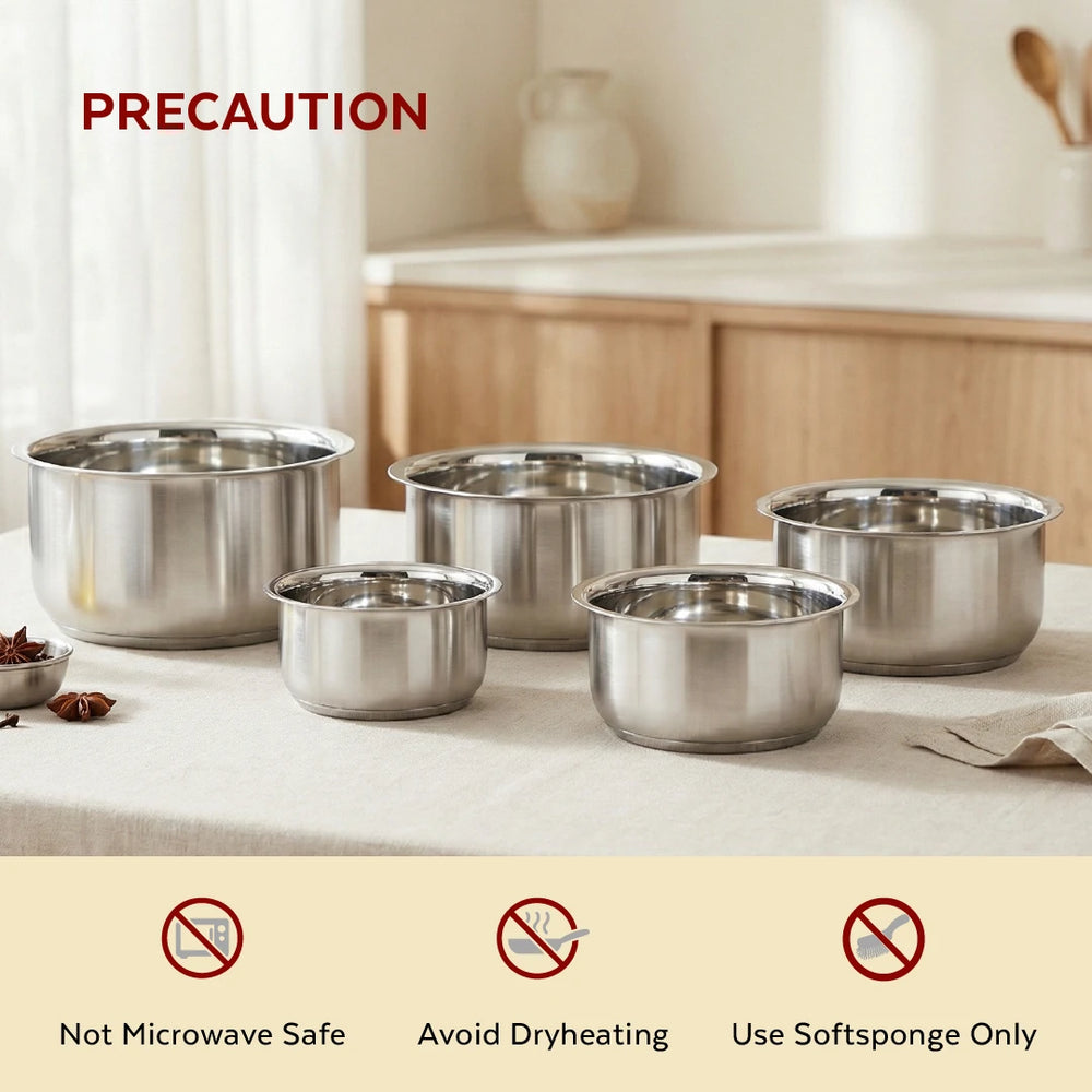 Avanti Stainless Steel Tope 5 Pc Set: Premium Quality, Multipurpose Cook & Serve Handi, Tri Ply Base, Non-stick, Gas & Induction Compatible, 12cm + 14cm + 16cm + 18cm + 20cm