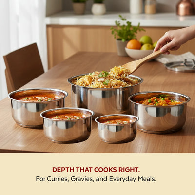 Avanti Stainless Steel Tope 5 Pc Set: Premium Quality, Multipurpose Cook & Serve Handi, Tri Ply Base, Non-stick, Gas & Induction Compatible, 12cm + 14cm + 16cm + 18cm + 20cm