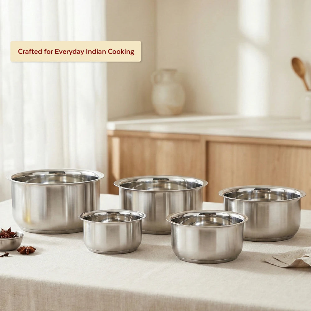 Avanti Stainless Steel Tope 5 Pc Set: Premium Quality, Multipurpose Cook & Serve Handi, Tri Ply Base, Non-stick, Gas & Induction Compatible, 12cm + 14cm + 16cm + 18cm + 20cm