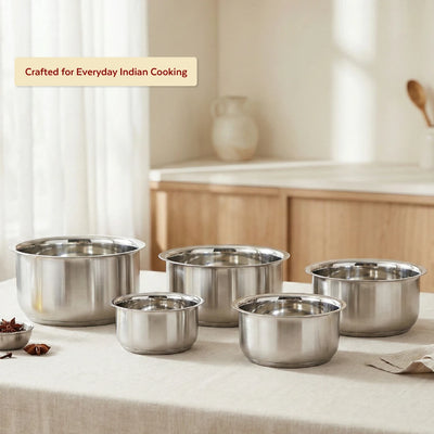 Avanti Stainless Steel Tope 5 Pc Set: Premium Quality, Multipurpose Cook & Serve Handi, Tri Ply Base, Non-stick, Gas & Induction Compatible, 12cm + 14cm + 16cm + 18cm + 20cm