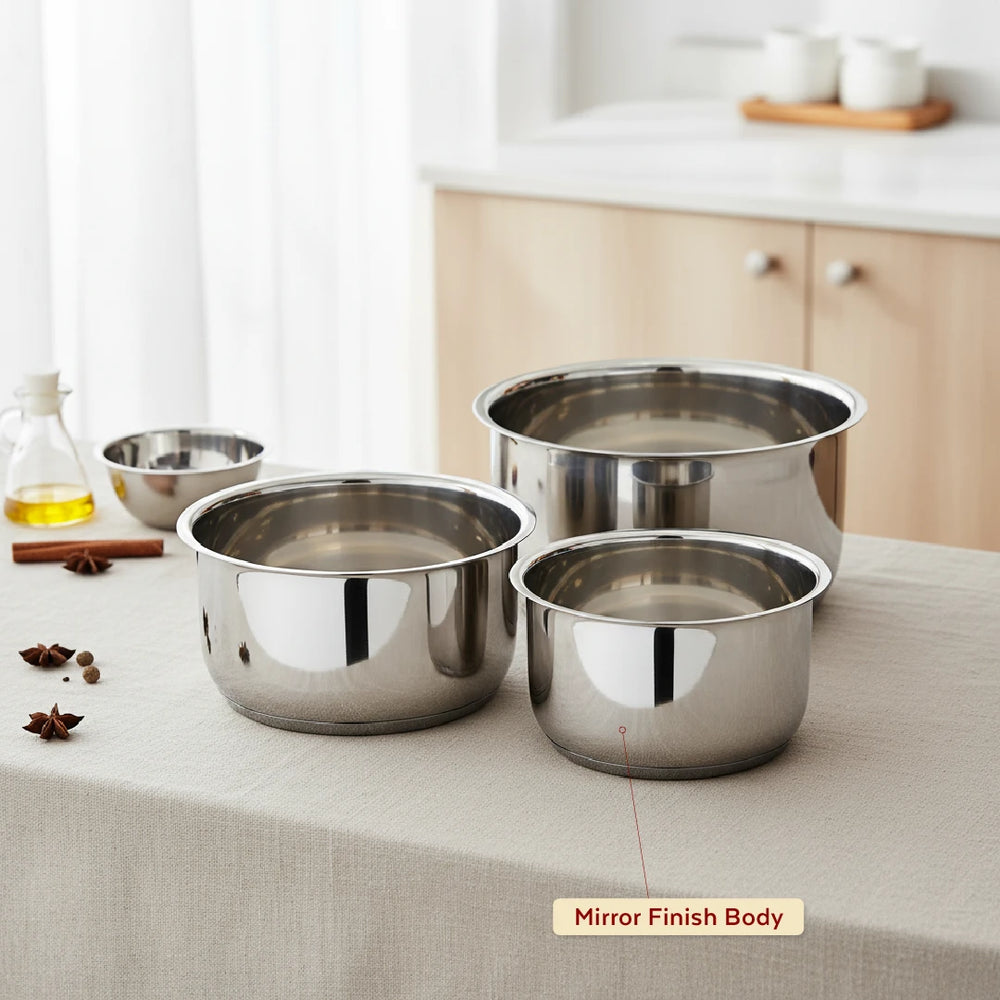 Avanti Stainless Steel Tope 3 Pc Set, Premium Quality, Multipurpose Cook & Serve Handi, Tri Ply Base, Non-stick, Gas & Induction Compatible, 12 cm + 14 cm + 16 cm