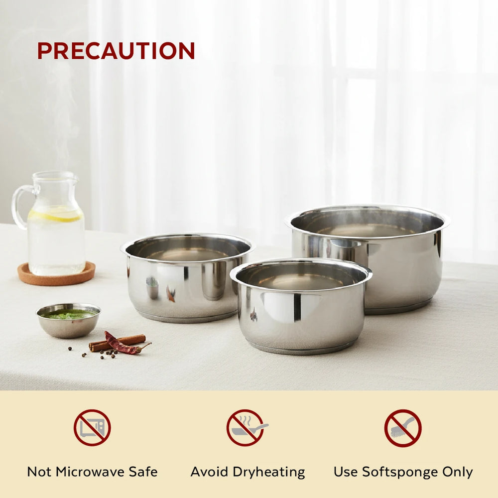 Avanti Stainless Steel Tope 3 Pc Set, Premium Quality, Multipurpose Cook & Serve Handi, Tri Ply Base, Non-stick, Gas & Induction Compatible, 12 cm + 14 cm + 16 cm