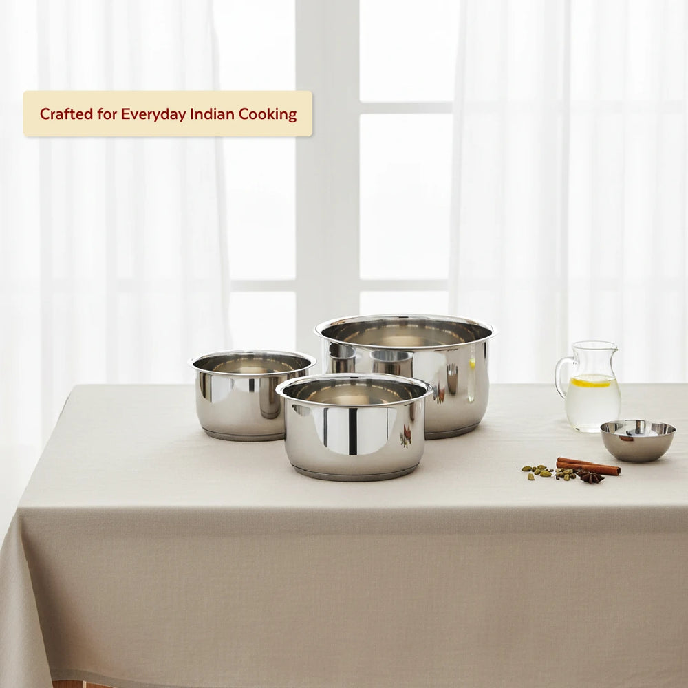 Avanti Stainless Steel Tope 3 Pc Set, Premium Quality, Multipurpose Cook & Serve Handi, Tri Ply Base, Non-stick, Gas & Induction Compatible, 12 cm + 14 cm + 16 cm