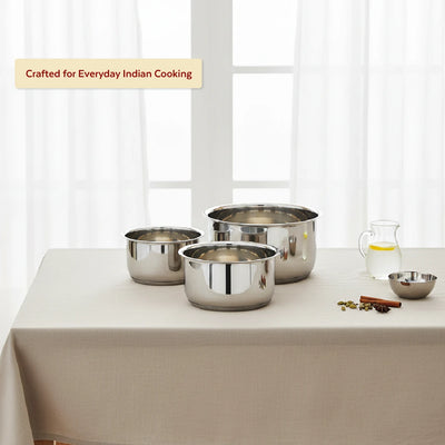 Avanti Stainless Steel Tope 3 Pc Set, Premium Quality, Multipurpose Cook & Serve Handi, Tri Ply Base, Non-stick, Gas & Induction Compatible, 12 cm + 14 cm + 16 cm