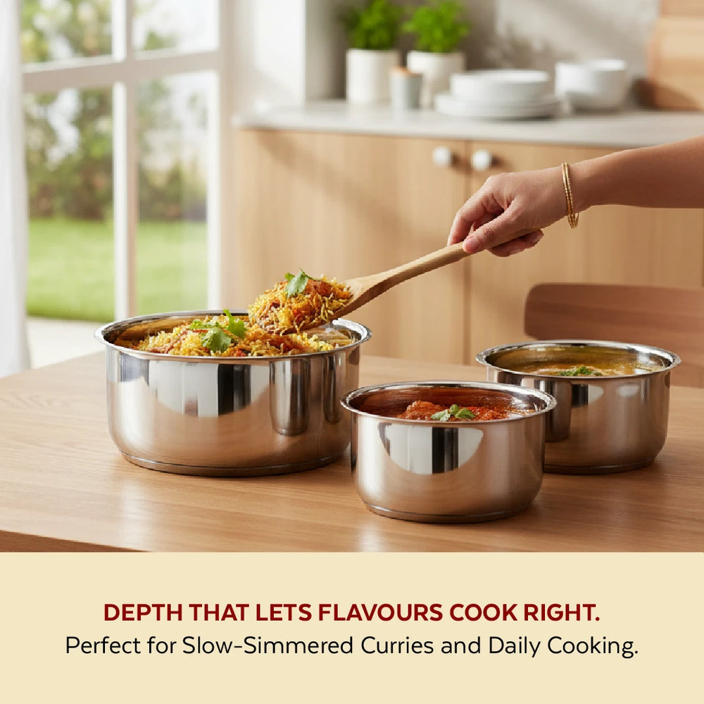 Avanti Stainless Steel Tope 3 Pc Set, Premium Quality, Multipurpose Cook & Serve Handi, Tri Ply Base, Non-stick, Gas & Induction Compatible, 12 cm + 14 cm + 16 cm