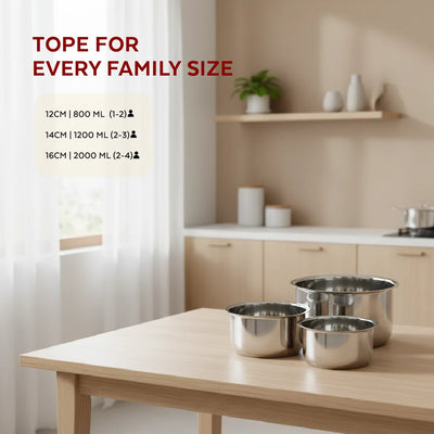 Avanti Stainless Steel Tope 3 Pc Set, Premium Quality, Multipurpose Cook & Serve Handi, Tri Ply Base, Non-stick, Gas & Induction Compatible, 12 cm + 14 cm + 16 cm