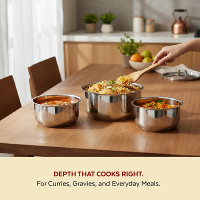 Avanti Stainless Steel Tope 3 Pc Set, Premium Quality, Multipurpose Cook & Serve Handi, Tri Ply Base, Non-stick, Gas & Induction Compatible, 12 cm + 14 cm + 16 cm
