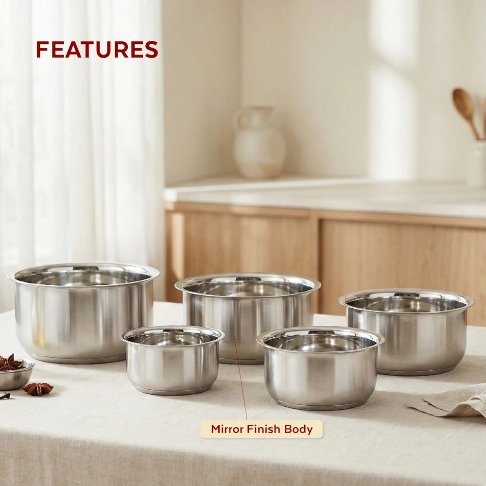 Avanti Stainless Steel Tope 5 Pc Set: Premium Quality, Multipurpose Cook & Serve Handi, Tri Ply Base, Non-stick, Gas & Induction Compatible, 12cm + 14cm + 16cm + 18cm + 20cm