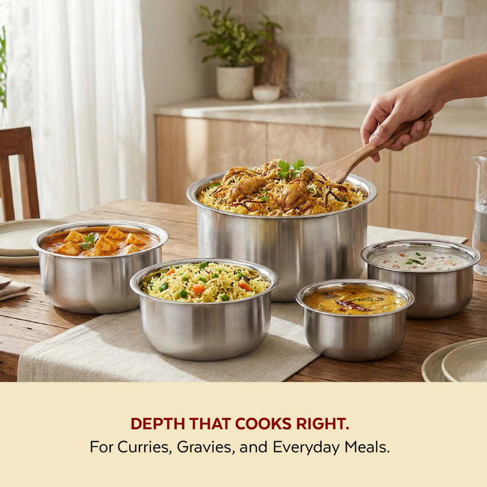 Avanti Stainless Steel Tope 5 Pc Set: Premium Quality, Multipurpose Cook & Serve Handi, Tri Ply Base, Non-stick, Gas & Induction Compatible, 12cm + 14cm + 16cm + 18cm + 20cm