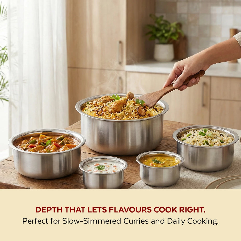 Avanti Stainless Steel Tope 5 Pc Set: Premium Quality, Multipurpose Cook & Serve Handi, Tri Ply Base, Non-stick, Gas & Induction Compatible, 12cm + 14cm + 16cm + 18cm + 20cm