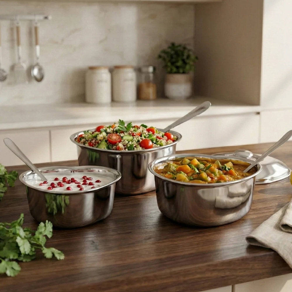 Triangle Dining Dish Set: 3pc Stainless Steel Serving Bowls, Mirror Finish, Snug-Fit Lids, Rust-Free & Durable, Serve Gravy, Sabzi, Dal, Biryani, Rice, Sweets