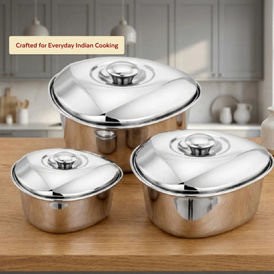 Triangle Dining Dish Set: 3pc Stainless Steel Serving Bowls, Mirror Finish, Snug-Fit Lids, Rust-Free & Durable, Serve Gravy, Sabzi, Dal, Biryani, Rice, Sweets