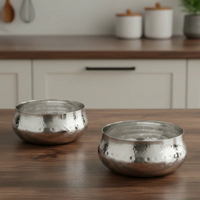 Stainless Steel Bulging Katori - 2 Pcs Set, High Quality, Hammered Finish, Rust-Free & Dishwasher Safe, Ideal for Curries, Sweets & Side Servings, 6 cm, 7 cm, 8 cm, 12 cm