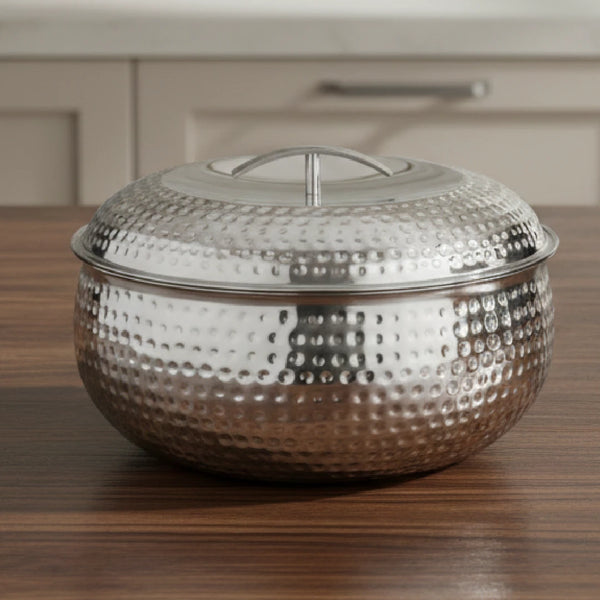 Curve Premium Double Wall Insulated Stainless Steel Casserole, Hot Pot for Roti-Rice-Gravy-Curry, Hammered Finish, Silver Hot Box with Snug Fit Lid Lid, Retains Temperature, Twist Lock