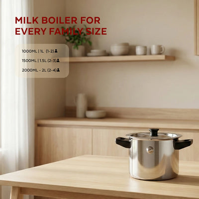 Stainless Steel Milk Boiler with Whistle, Spill-Free, Induction & Gas Compatible, Snug-Fit Lid, StayCool+ Handle & Lid Knob