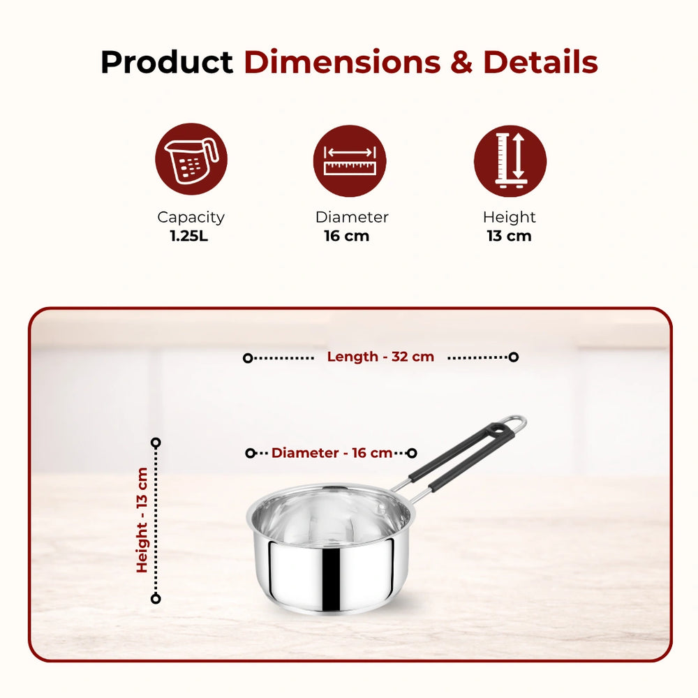 Utena Stainless Steel Sauce Pan:Tea, Milk, Soup, Maggie Pan, Tri Ply Base, Non-stick, Gas & Induction Compatible, StayCool+ Handle, 14cm / 16cm / 18cm / 20cm