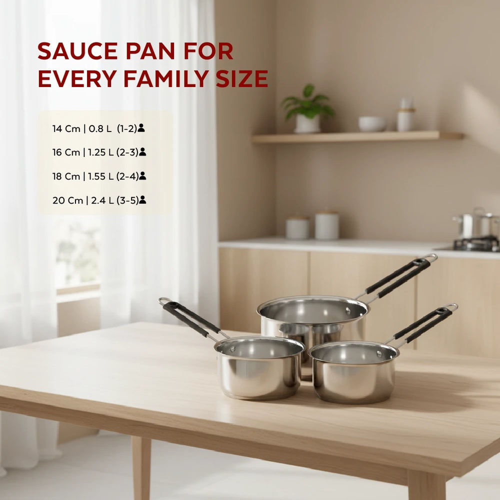 Utena Stainless Steel Sauce Pan:Tea, Milk, Soup, Maggie Pan, Tri Ply Base, Non-stick, Gas & Induction Compatible, StayCool+ Handle, 14cm / 16cm / 18cm / 20cm