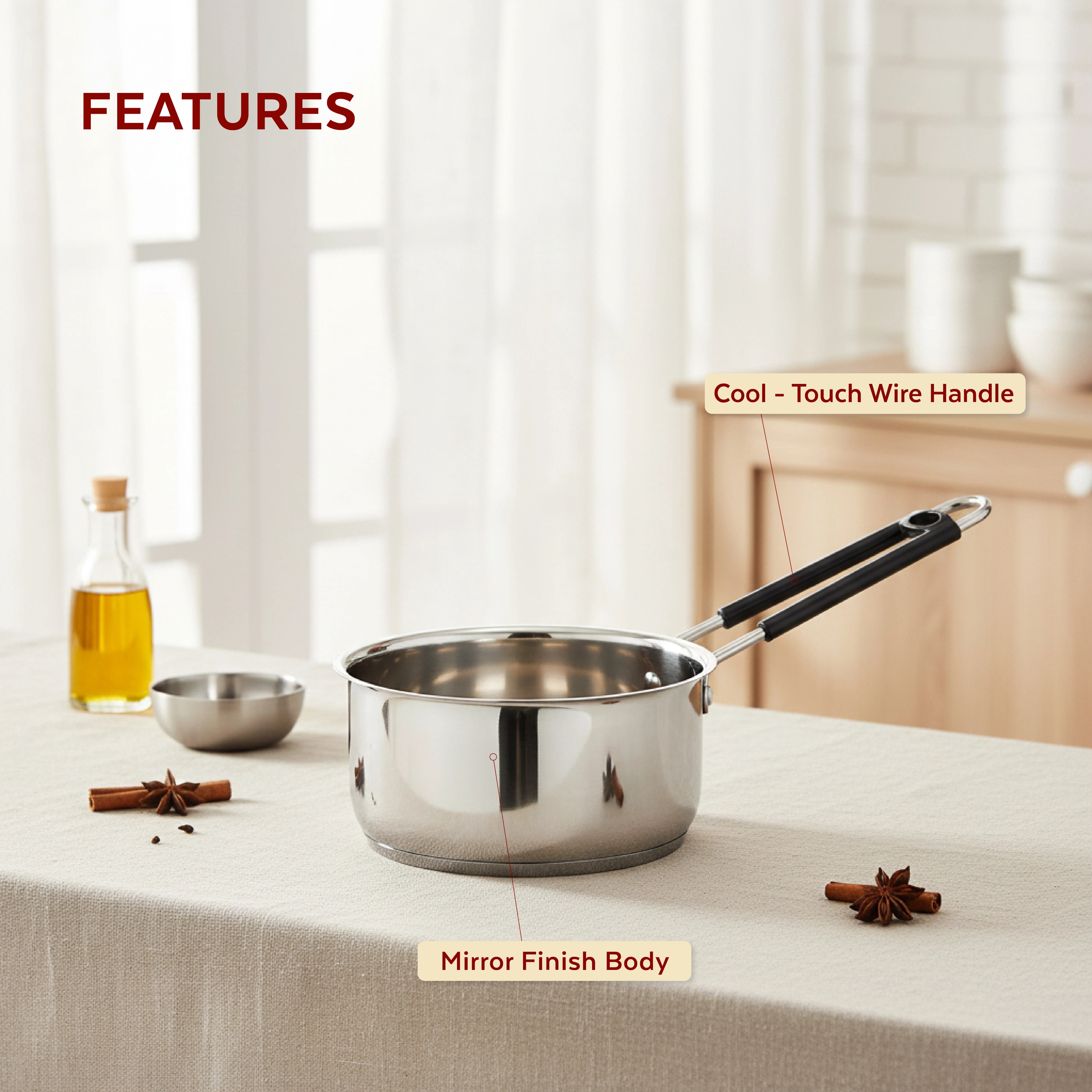 MAHAA Utena Stainless Steel Sauce Pan – Tea, Milk, Soup, Maggie Pan | Tri Ply Base | Non-stick | Gas & Induction Compatible | StayCool+ Handle | 14cm / 16cm / 18cm / 20cm