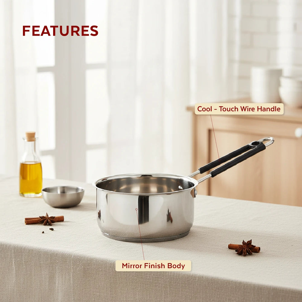 Utena Stainless Steel Sauce Pan:Tea, Milk, Soup, Maggie Pan, Tri Ply Base, Non-stick, Gas & Induction Compatible, StayCool+ Handle, 14cm / 16cm / 18cm / 20cm