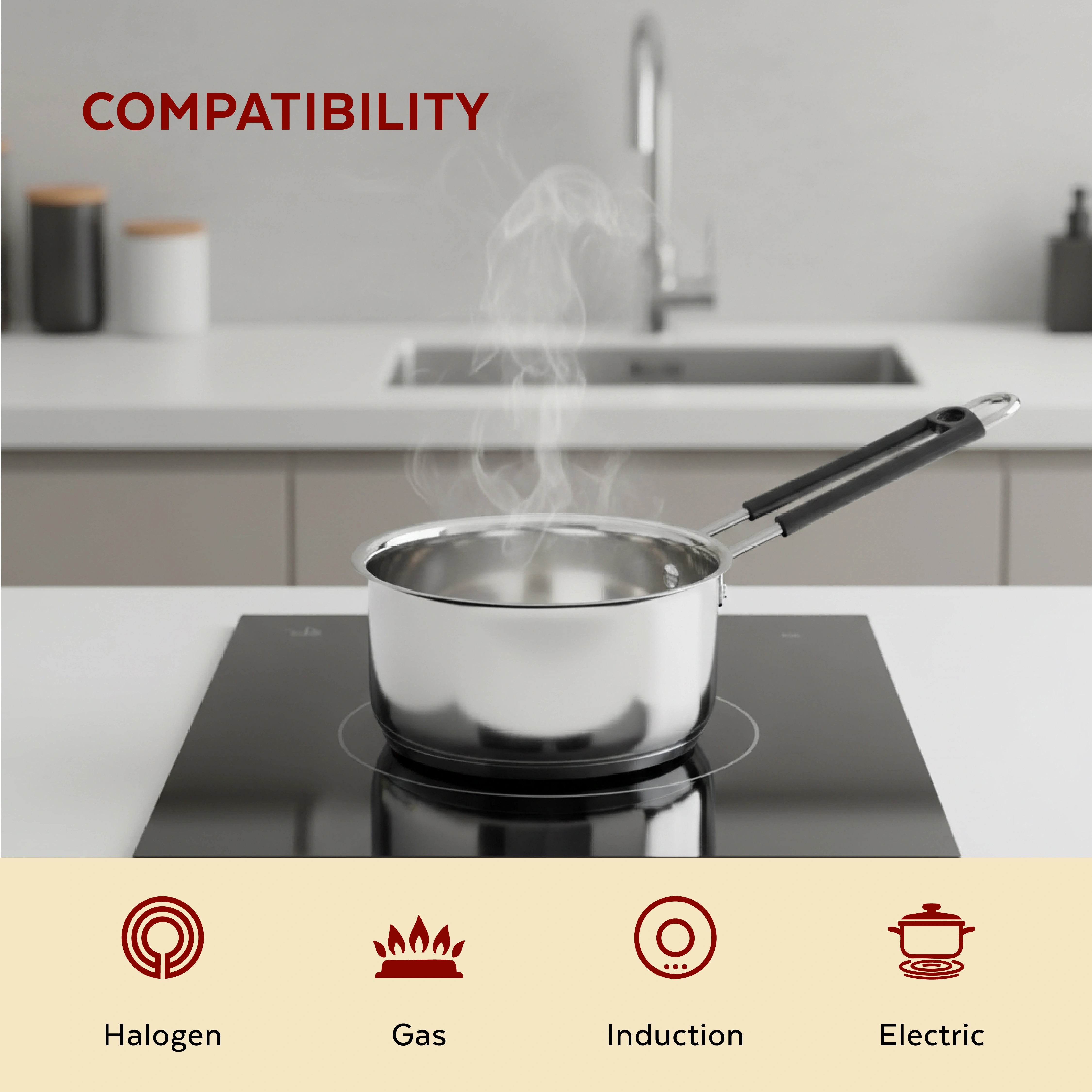 MAHAA Utena Stainless Steel Sauce Pan – Tea, Milk, Soup, Maggie Pan | Tri Ply Base | Non-stick | Gas & Induction Compatible | StayCool+ Handle | 14cm / 16cm / 18cm / 20cm
