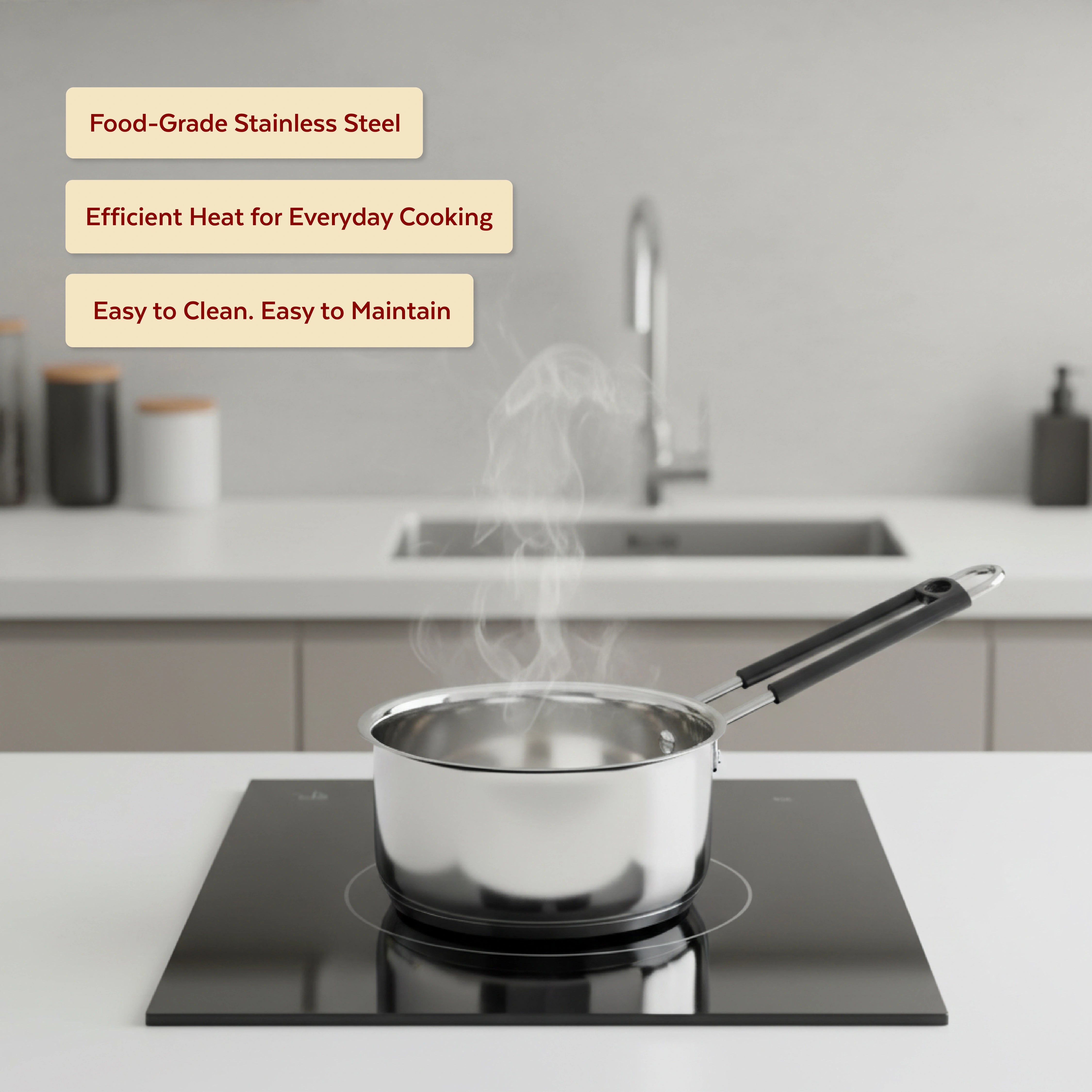 MAHAA Utena Stainless Steel Sauce Pan – Tea, Milk, Soup, Maggie Pan | Tri Ply Base | Non-stick | Gas & Induction Compatible | StayCool+ Handle | 14cm / 16cm / 18cm / 20cm