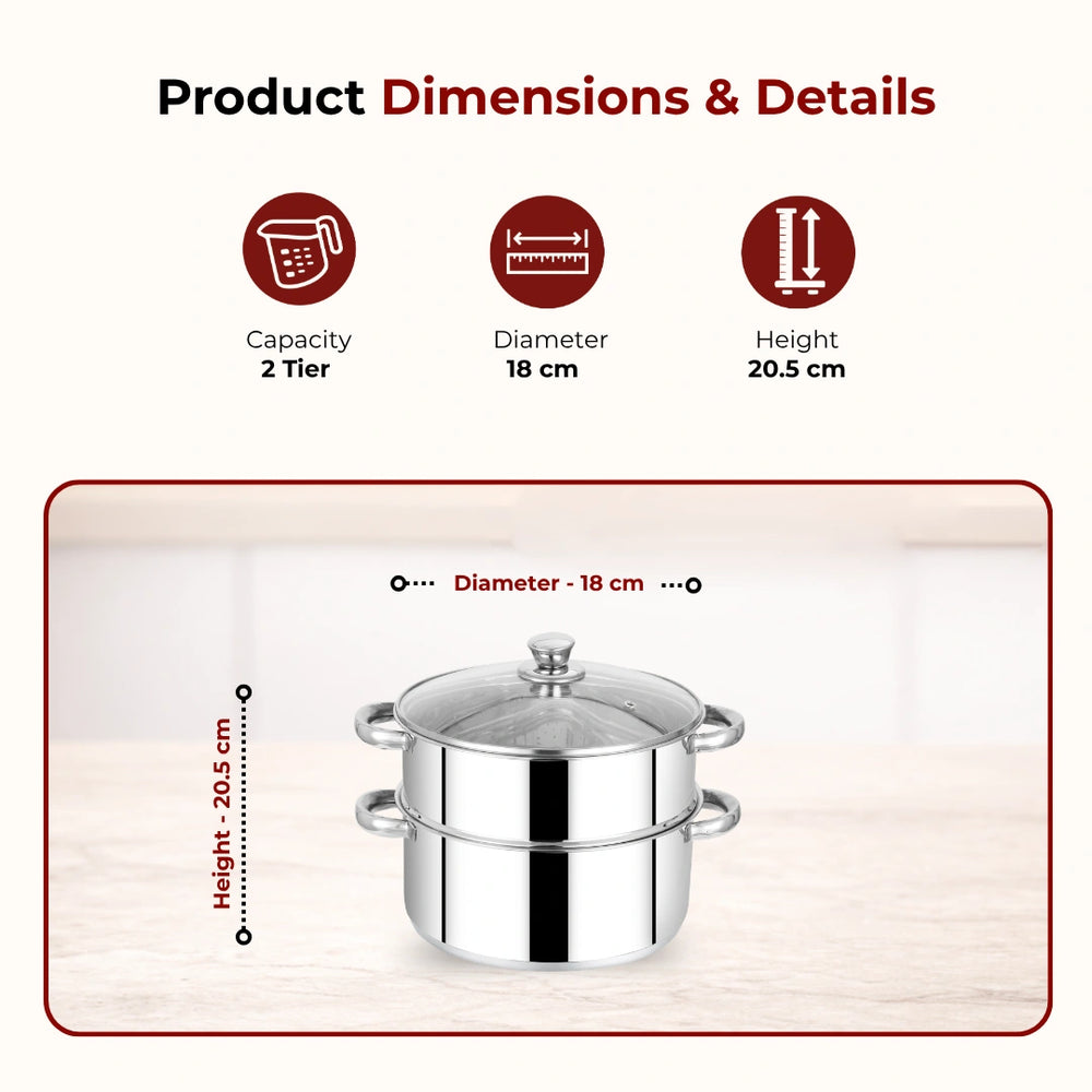 Stainless Steel 2-Tier Utena Smart Steamer for Idlis, Momos & Vegetables, Tri Ply Base, Induction & Gas Compatible, Food-Grade SS, Easy to Clean (18CM / 20CM)