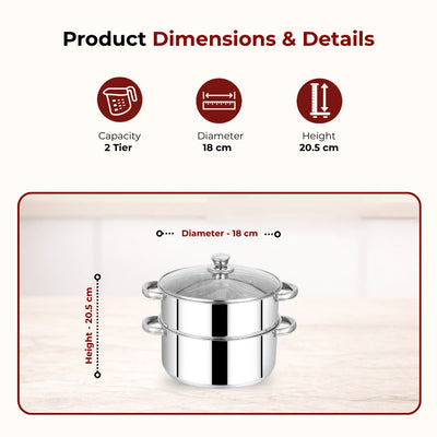 Stainless Steel 2-Tier Utena Smart Steamer for Idlis, Momos & Vegetables, Tri Ply Base, Induction & Gas Compatible, Food-Grade SS, Easy to Clean (18CM / 20CM)