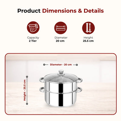 Stainless Steel 2-Tier Utena Smart Steamer for Idlis, Momos & Vegetables, Tri Ply Base, Induction & Gas Compatible, Food-Grade SS, Easy to Clean (18CM / 20CM)